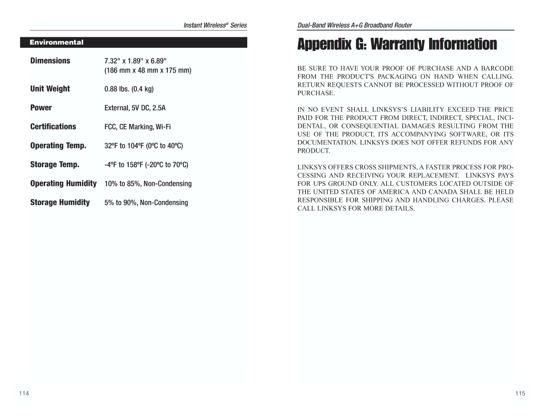 RF-Link Technology WRT55AG manual Appendix G Warranty Information, Environmental, 32ºF to 104ºF 0ºC to 40ºC 