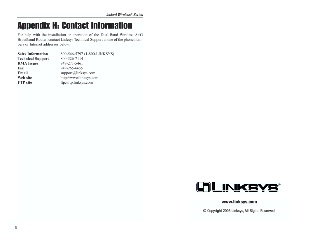 RF-Link Technology WRT55AG manual Appendix H Contact Information, Copyright 2003 Linksys, All Rights Reserved 