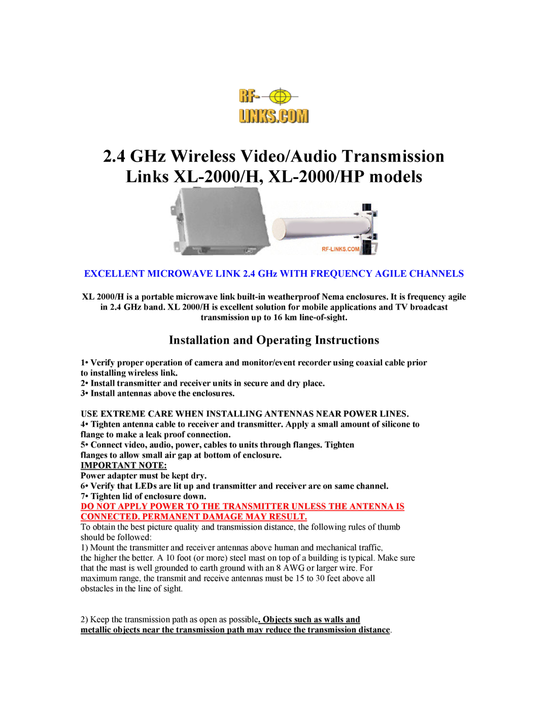 RF-Link Technology XL-2000/H operating instructions Installation and Operating Instructions, Important Note 