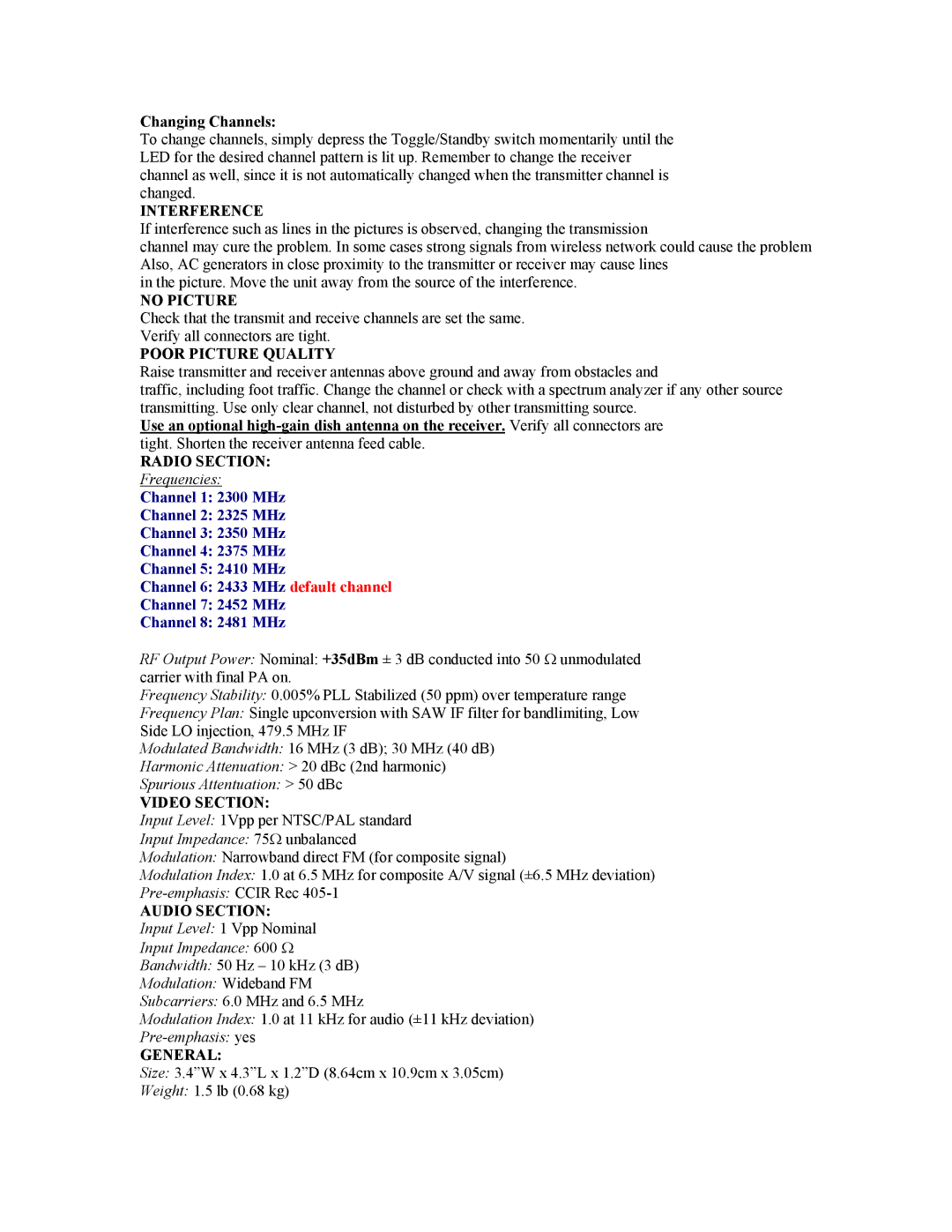 RF-Link Technology XL-2000/H Interference, No Picture, Poor Picture Quality, Radio Section, Video Section, Audio Section 