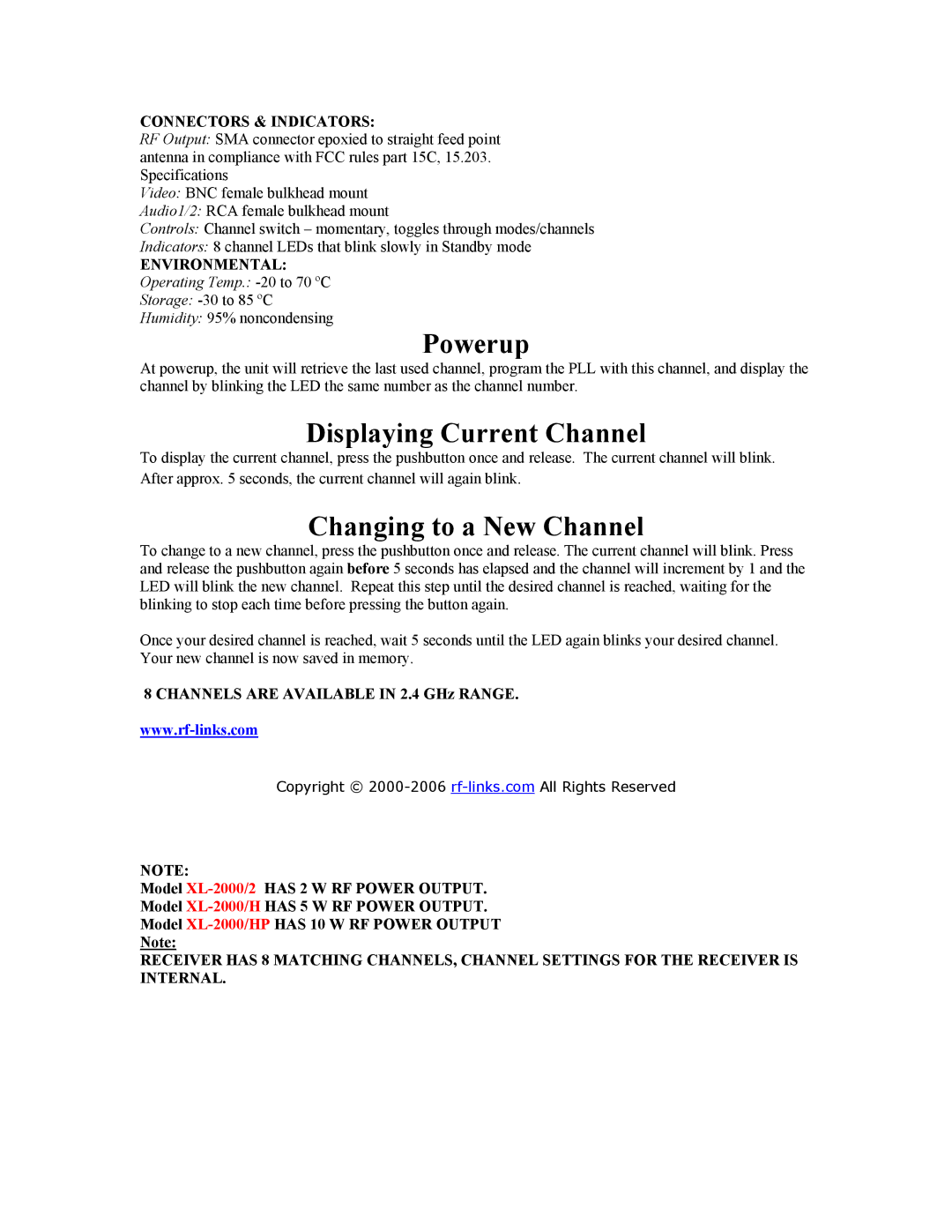 RF-Link Technology XL-2000/H operating instructions Powerup, Connectors & Indicators 