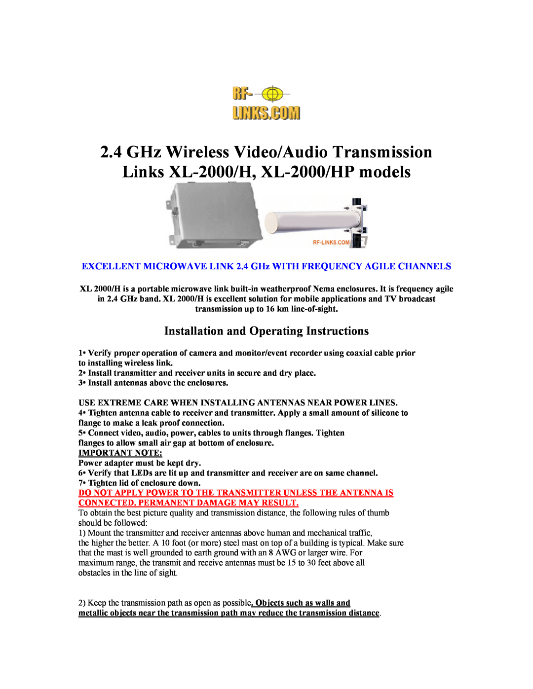 RF-Link Technology XL-2000/H operating instructions Installation and Operating Instructions 