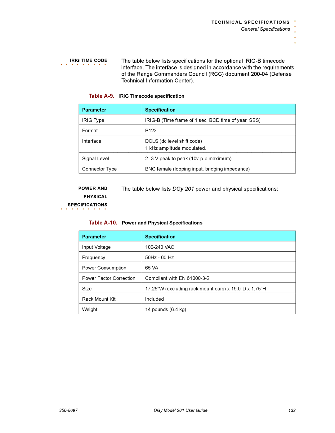 RGB Spectrum 201 manual Table A-9.IRIG Timecode specification, Table A-10.Power and Physical Specifications 