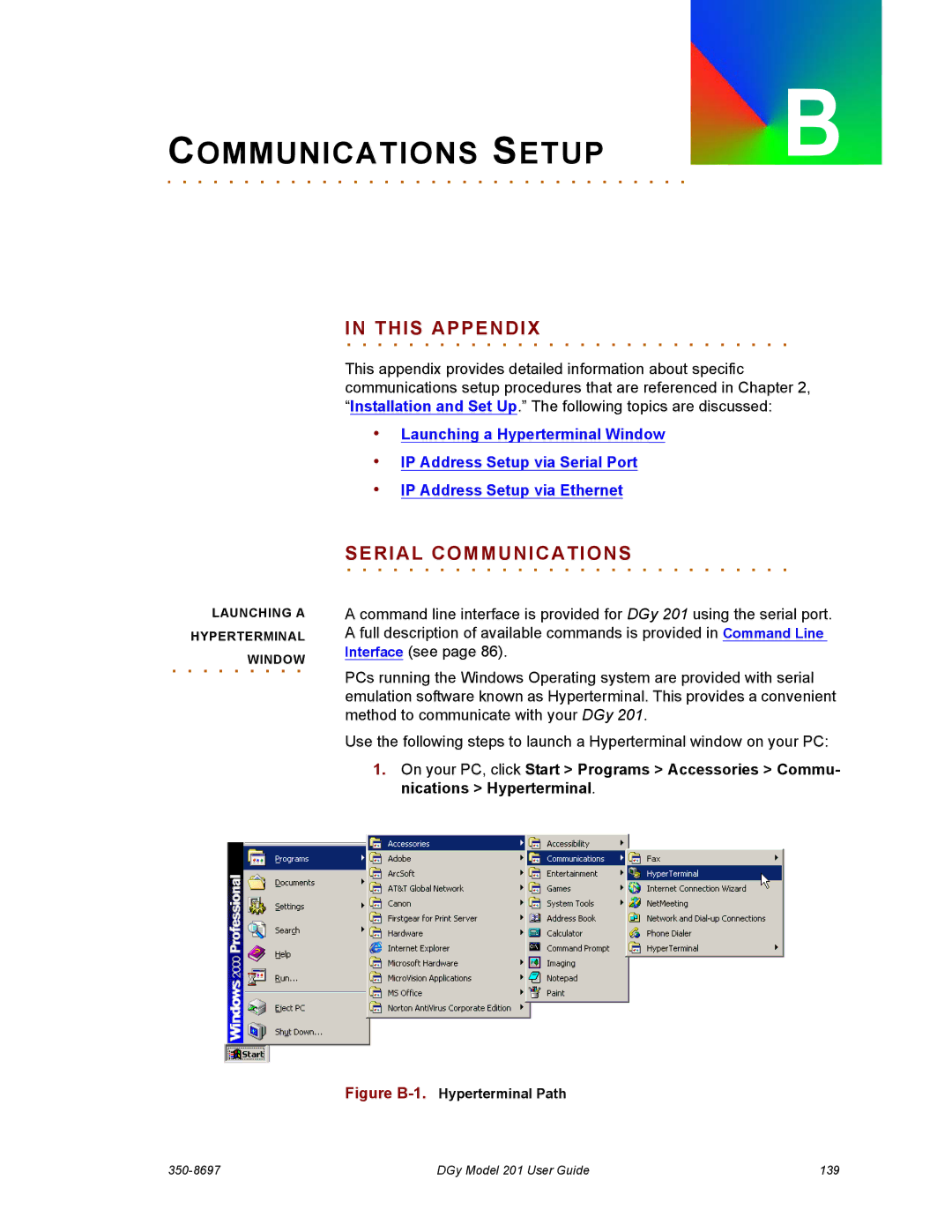 RGB Spectrum 201 manual Communications Setup, Window 