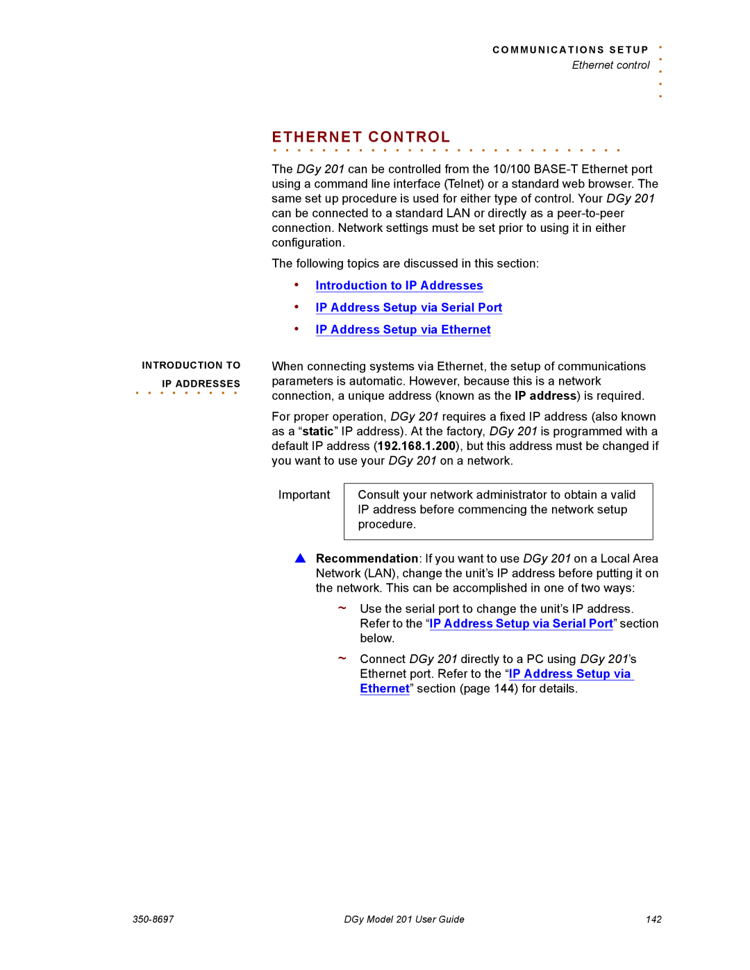 RGB Spectrum 201 manual Ethernet Control 