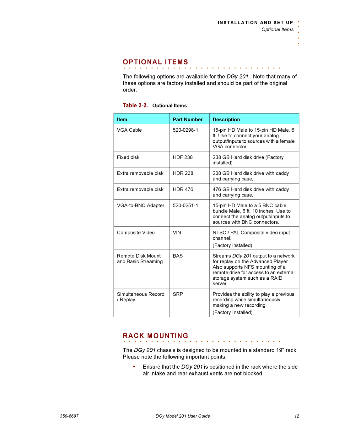 RGB Spectrum 201 manual Optional Items, Optional. . . . . . . .Items, Rack. . . . .Mounting 