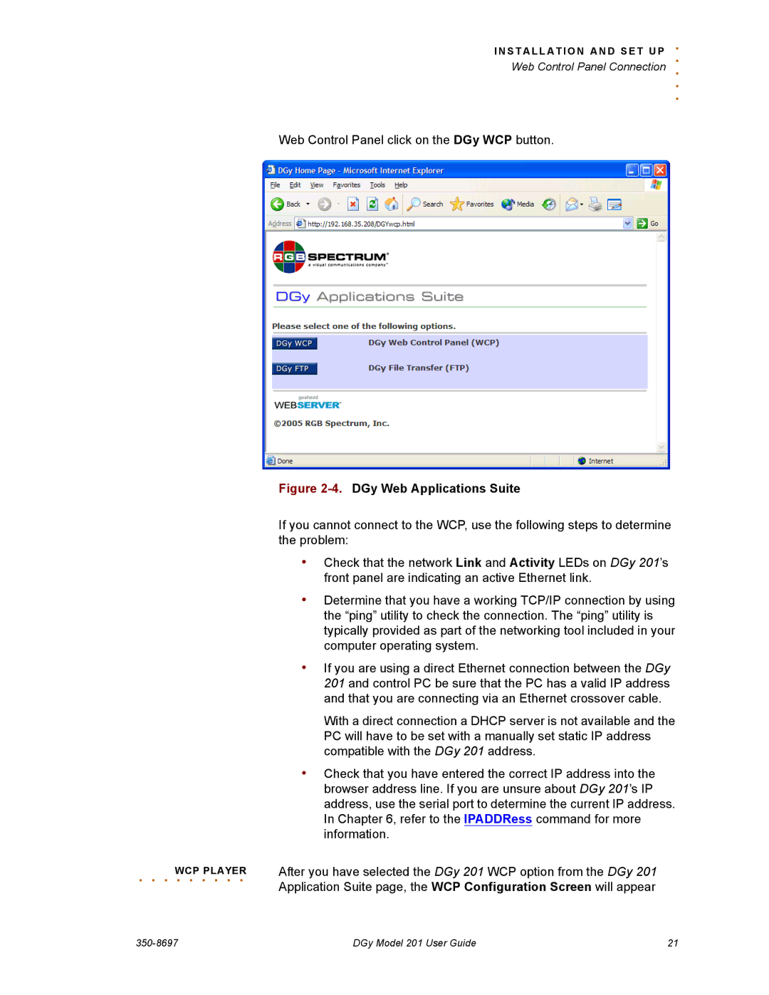 RGB Spectrum 201 manual Web Control Panel Connection, DGy Web Applications Suite 