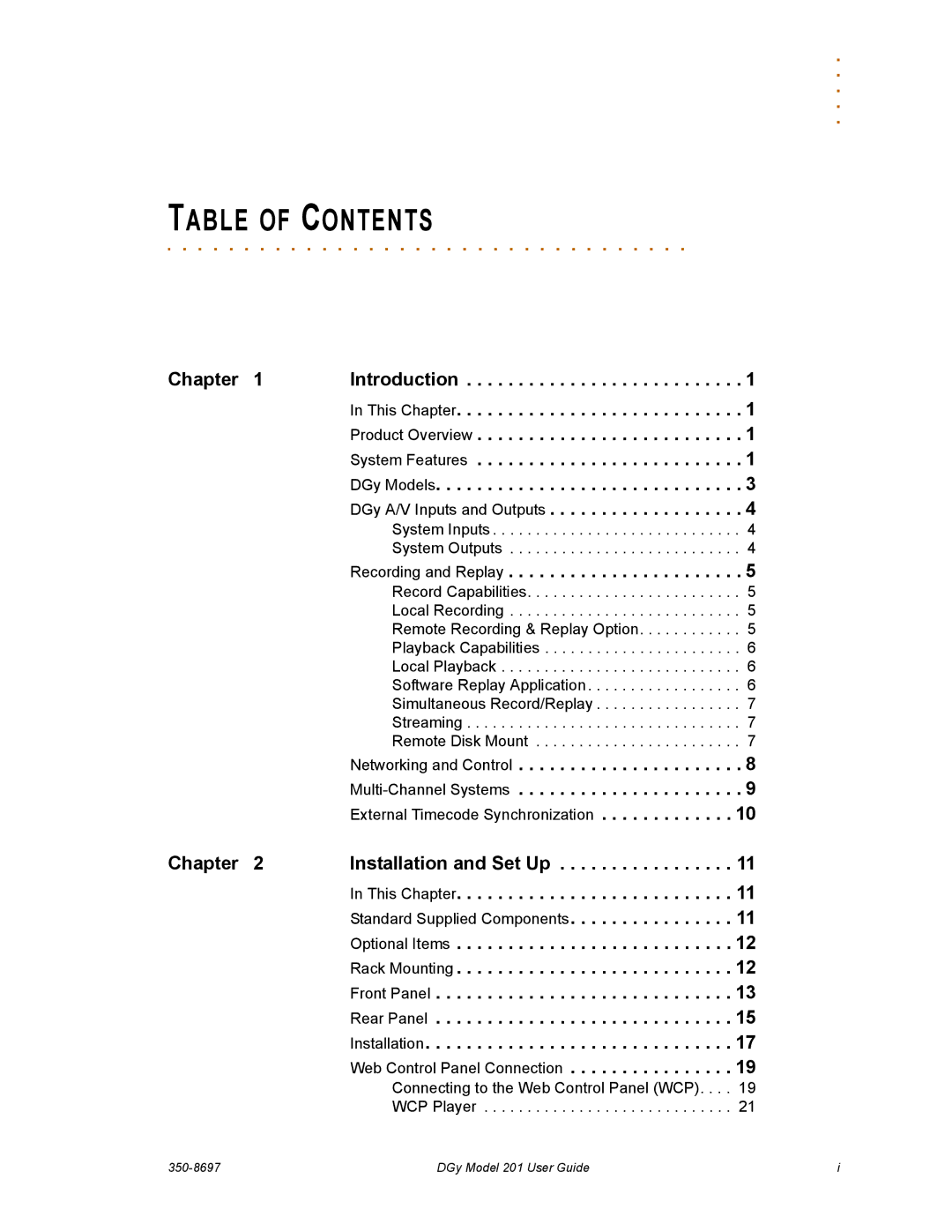 RGB Spectrum 201 manual Table of Contents 