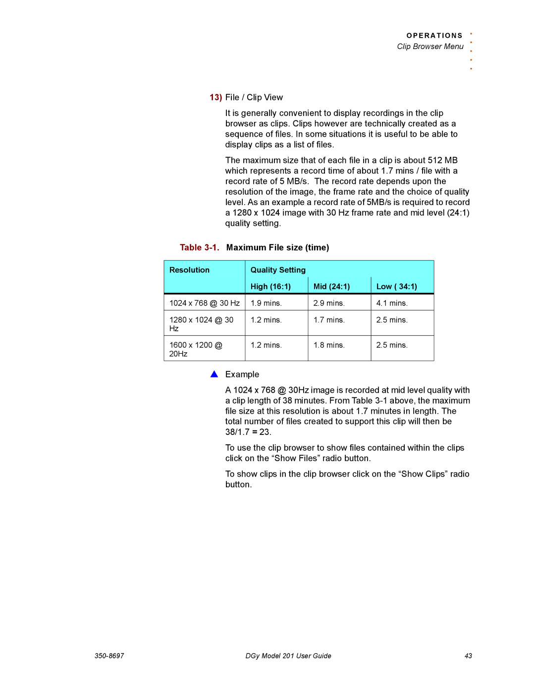 RGB Spectrum 201 manual Maximum File size time 