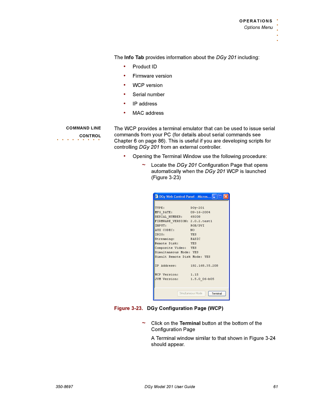 RGB Spectrum 201 manual Control, DGy Configuration Page WCP 