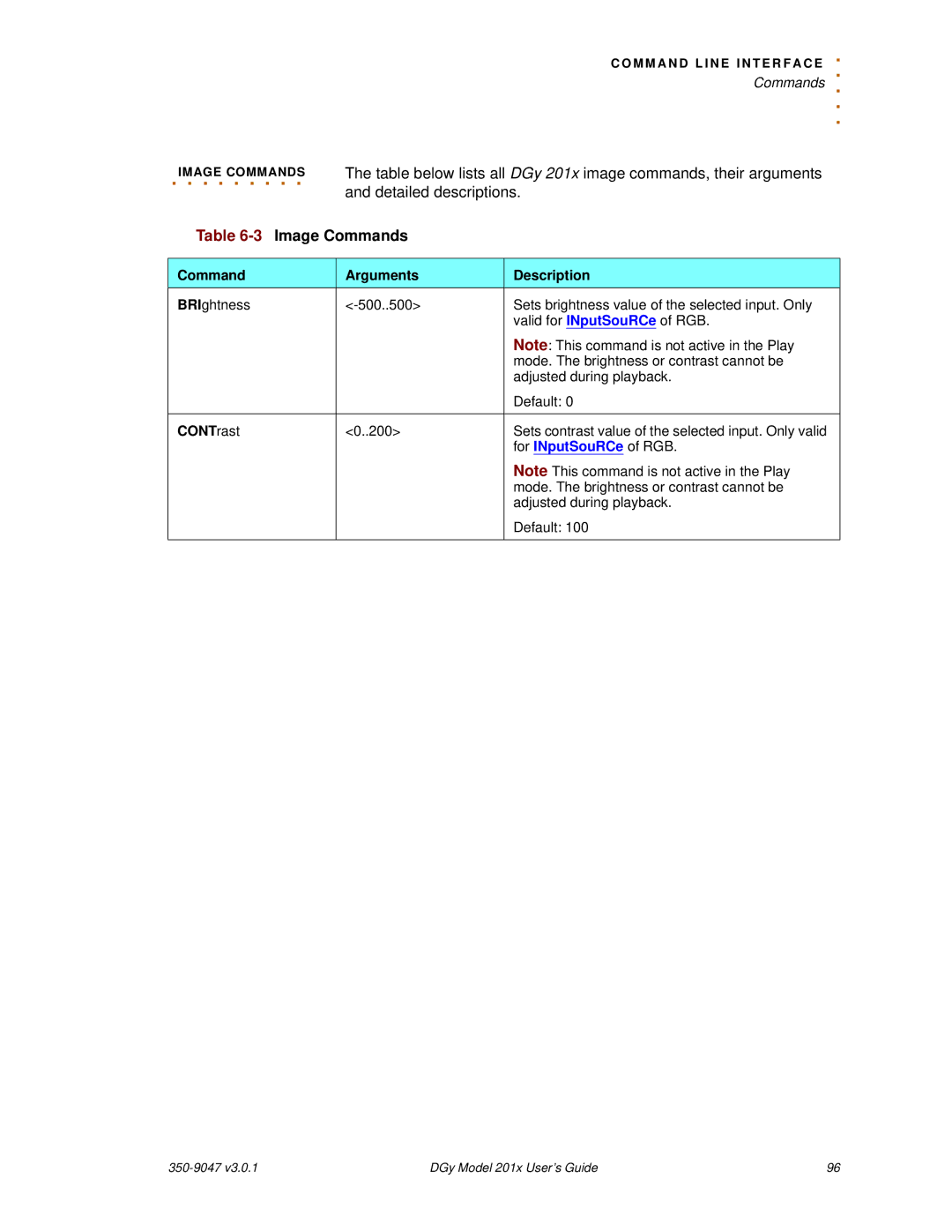 RGB Spectrum DGy 201x manual 3Image Commands, CONTrast 