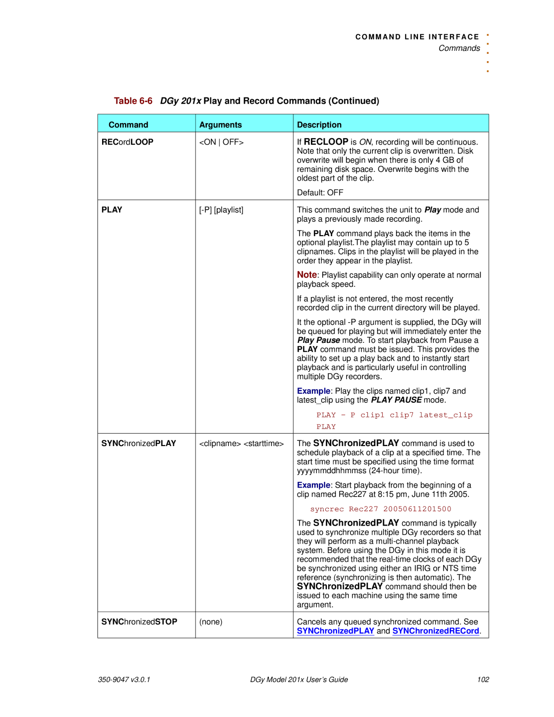 RGB Spectrum DGy 201x manual Command Arguments Description RECordLOOP, Play, SYNChronizedPLAY, SYNChronizedSTOP 