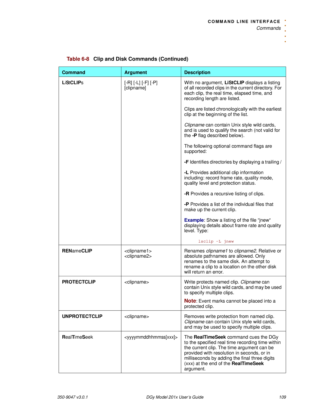 RGB Spectrum DGy 201x manual Command Argument Description LiStCLIPs, RENameCLIP, Protectclip, Unprotectclip 