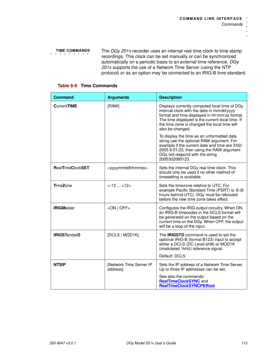 RGB Spectrum DGy 201x manual 9Time Commands, IRIGMaster, IRIGSTandarD, Ntsip 