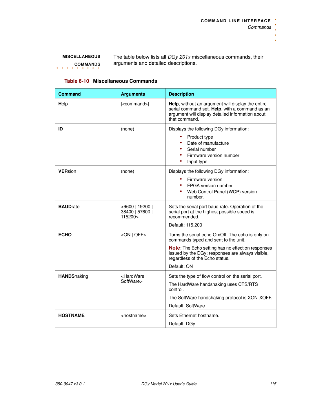 RGB Spectrum DGy 201x manual 10Miscellaneous Commands, BAUDrate, Echo, Hostname 