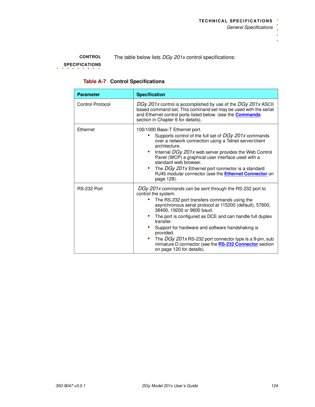 RGB Spectrum DGy 201x manual Table A-7Control Specifications, Parameter Specification 