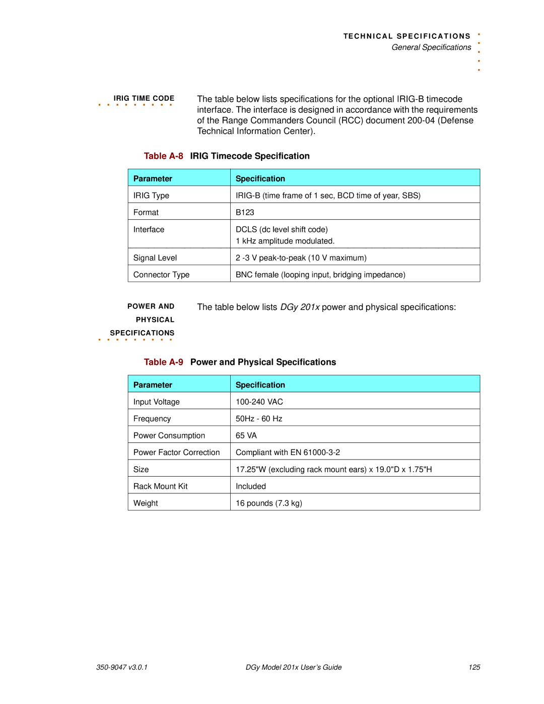 RGB Spectrum DGy 201x manual Table A-8IRIG Timecode Specification, Table A-9Power and Physical Specifications 