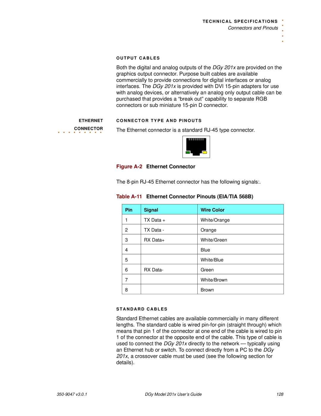 RGB Spectrum DGy 201x manual Figure A-2Ethernet Connector, Table A-11Ethernet Connector Pinouts EIA/TIA 568B 