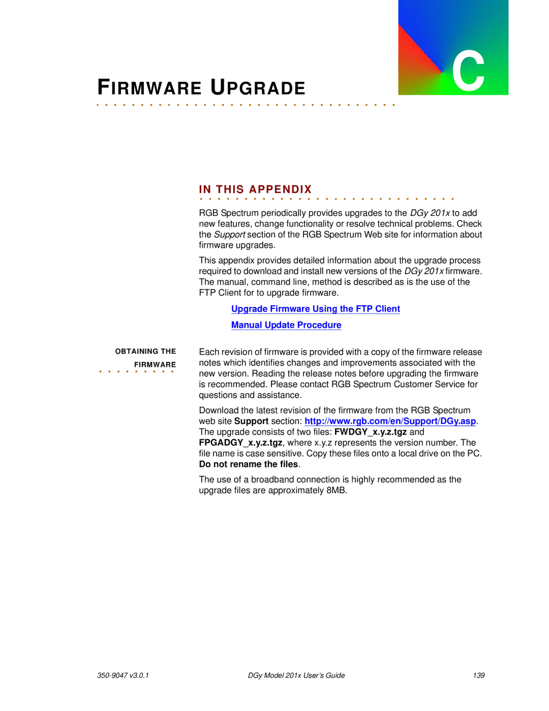 RGB Spectrum DGy 201x manual Firmware Upgrade 