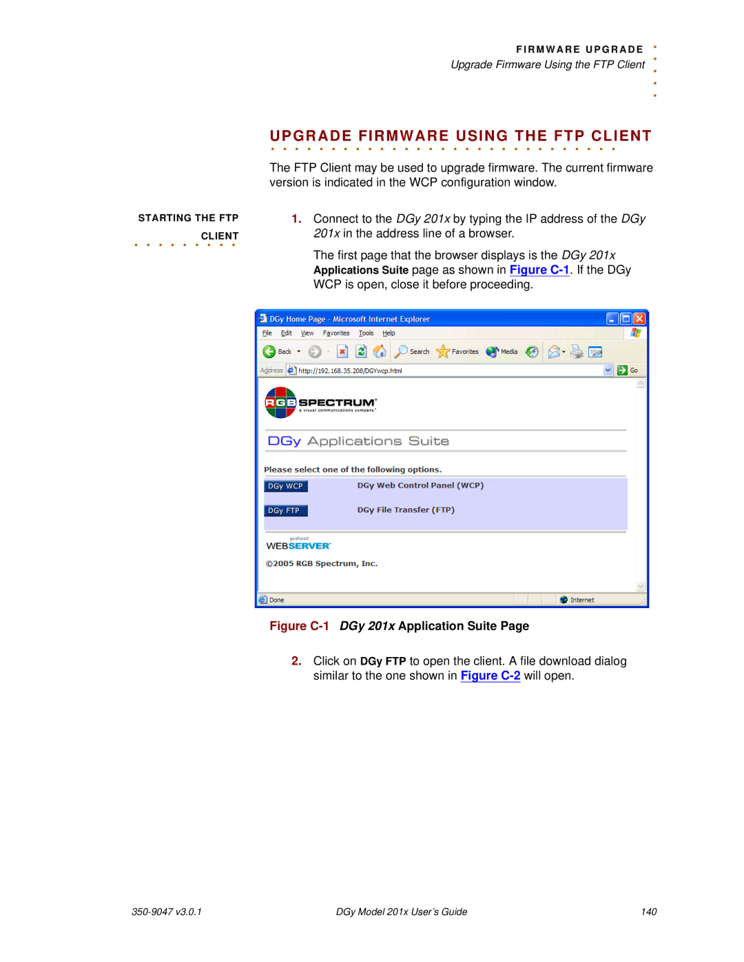 RGB Spectrum DGy 201x manual Upgrade Firmware Using the FTP Client 