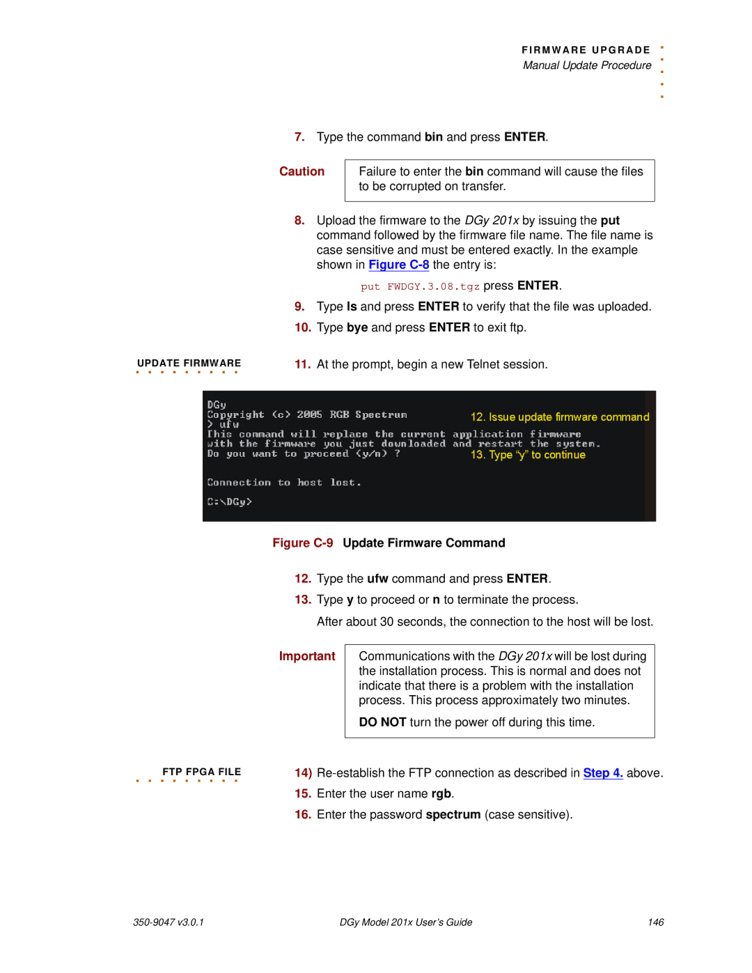 RGB Spectrum DGy 201x manual At the prompt, begin a new Telnet session, Figure C-9Update Firmware Command 