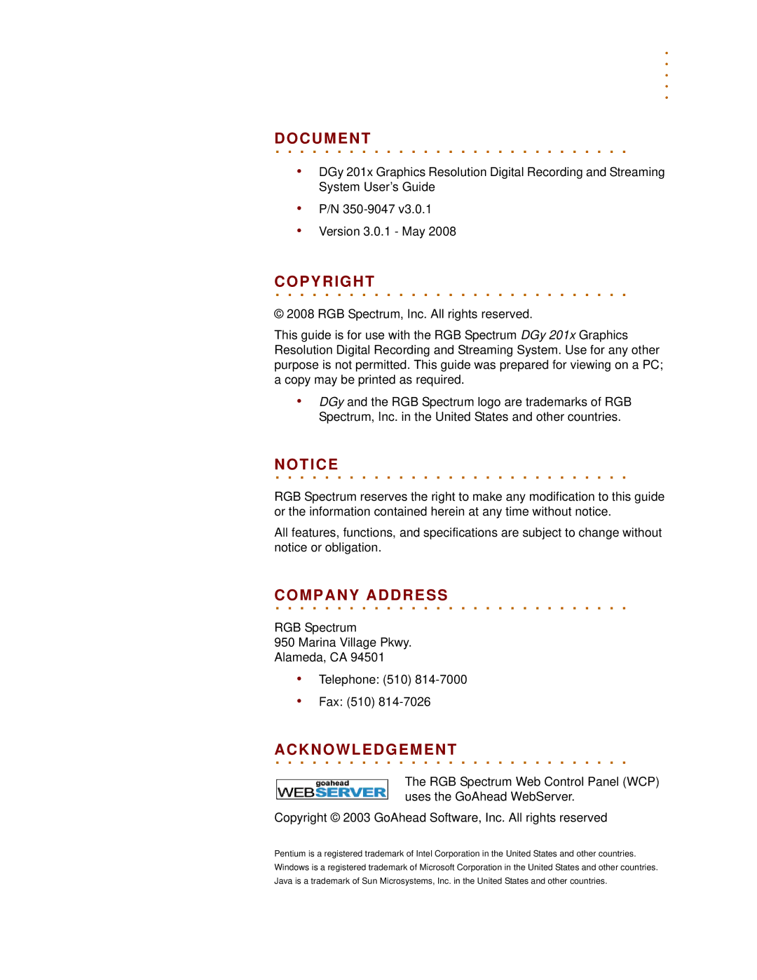 RGB Spectrum DGy 201x manual Document, Copyright, Company. . . . . . . .Address, Acknowledgement 