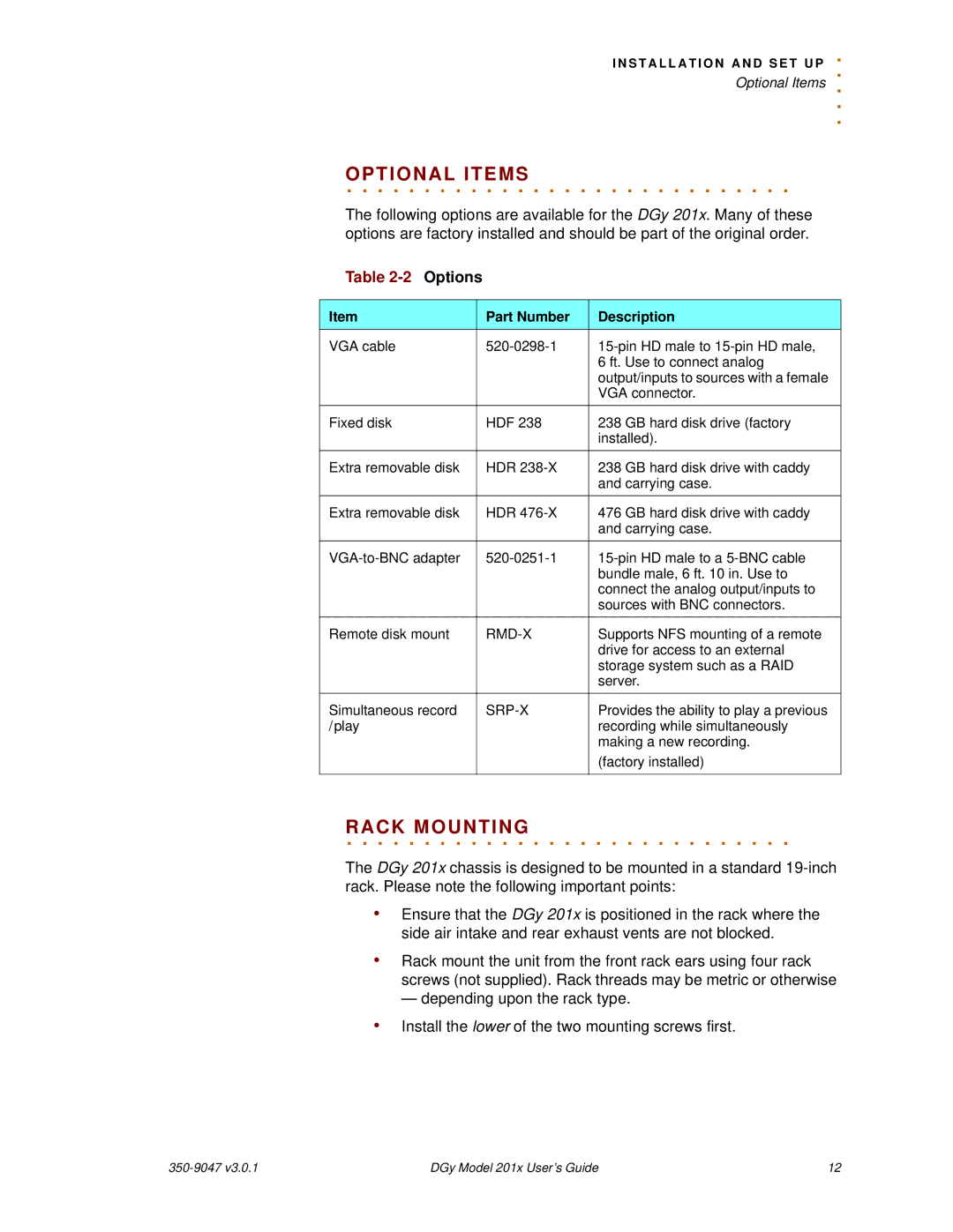 RGB Spectrum DGy 201x manual Optional Items, Optional. . . . . . . .Items, Rack. . . . .Mounting 