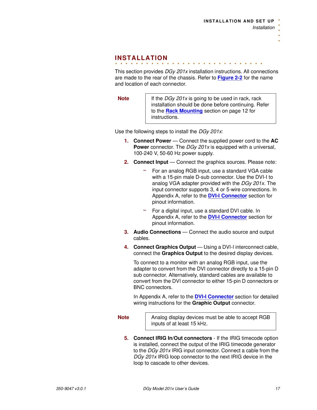 RGB Spectrum DGy 201x manual Installation 