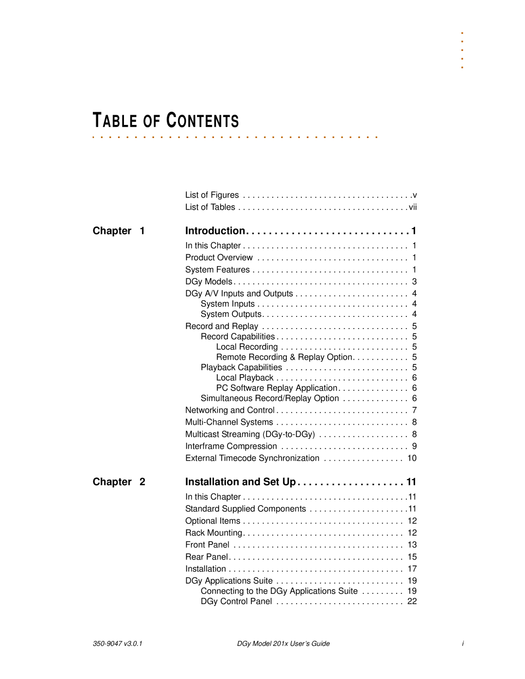 RGB Spectrum DGy 201x manual Table of Contents 