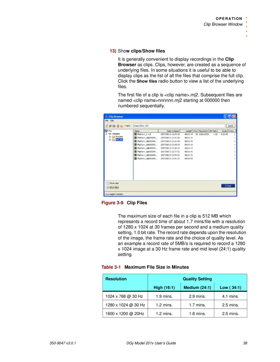 RGB Spectrum DGy 201x manual Show clips/Show files, 1Maximum File Size in Minutes 