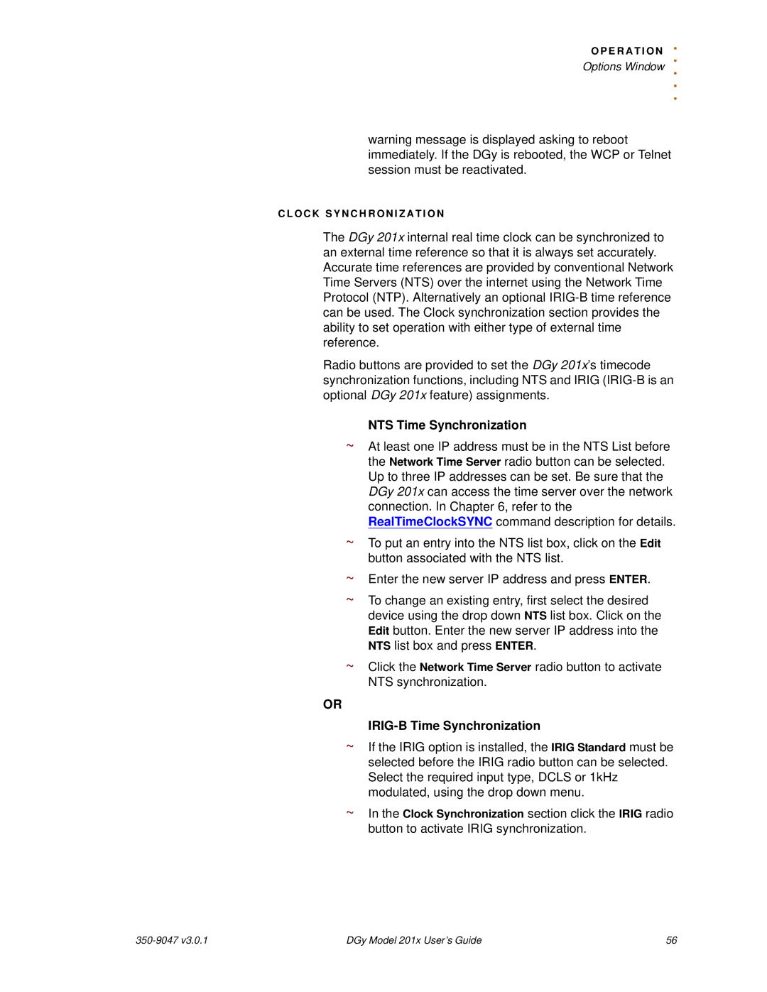 RGB Spectrum DGy 201x manual NTS Time Synchronization, IRIG-B Time Synchronization 