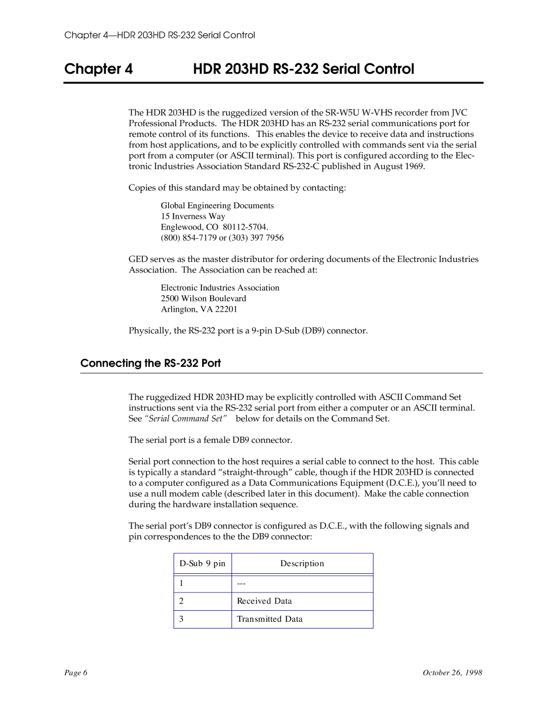 RGB Spectrum user manual Chapter HDR 203HD RS-232 Serial Control, Connecting the RS-232 Port 