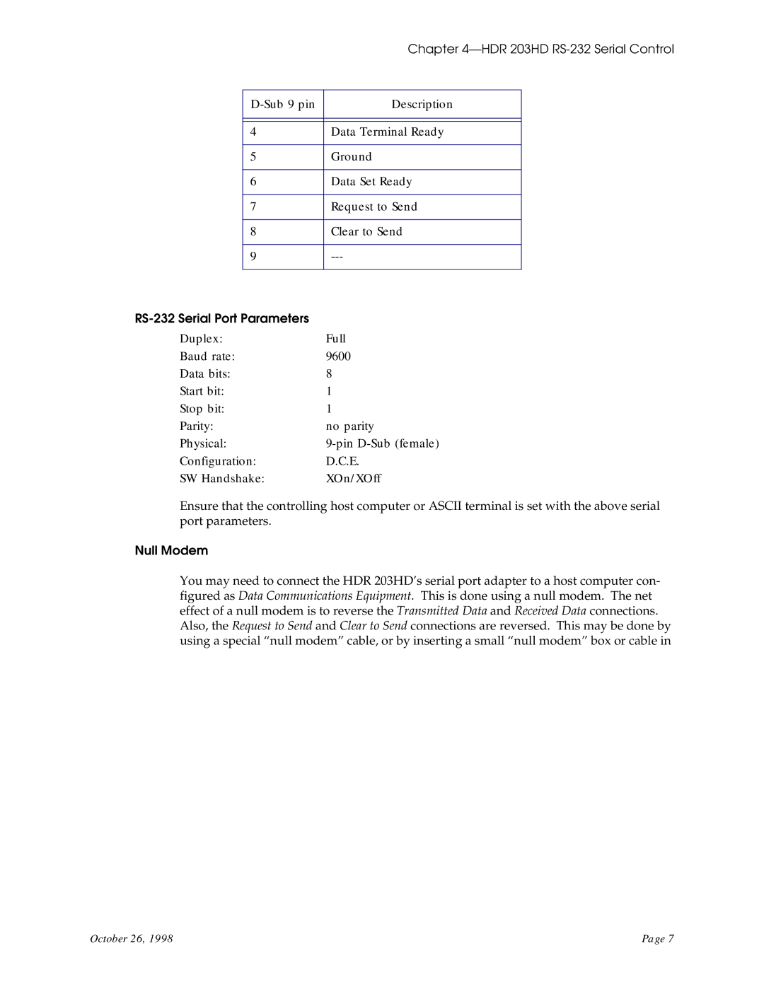 RGB Spectrum HDR 203HD user manual RS-232 Serial Port Parameters 