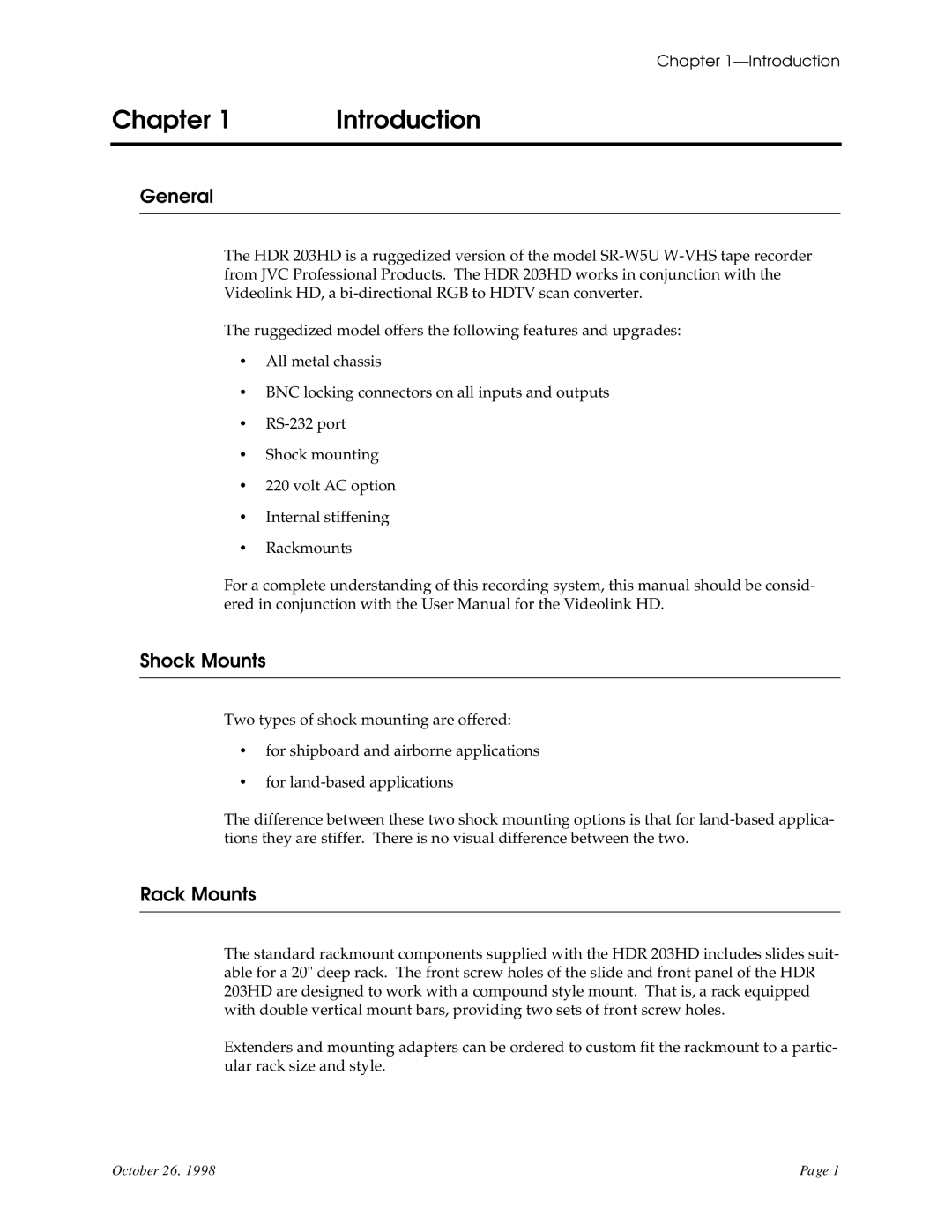 RGB Spectrum HDR 203HD user manual Chapter Introduction, General, Shock Mounts, Rack Mounts 