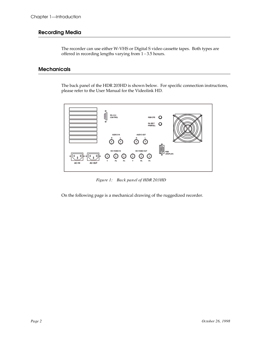 RGB Spectrum HDR 203HD user manual Recording Media, Mechanicals 