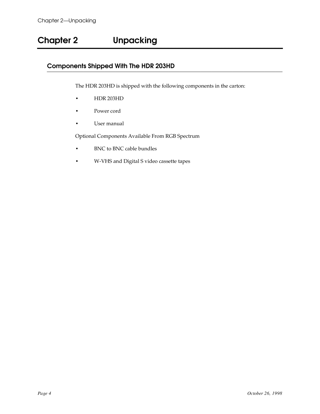 RGB Spectrum user manual Chapter Unpacking, Components Shipped With The HDR 203HD 