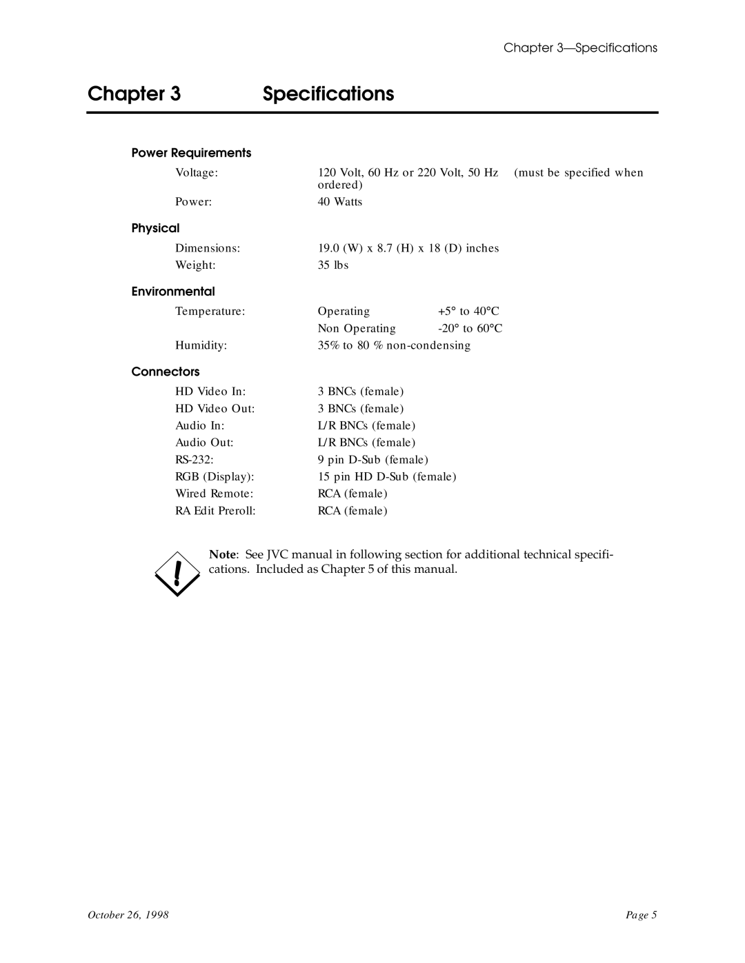 RGB Spectrum HDR 203HD user manual Chapter Specifications 