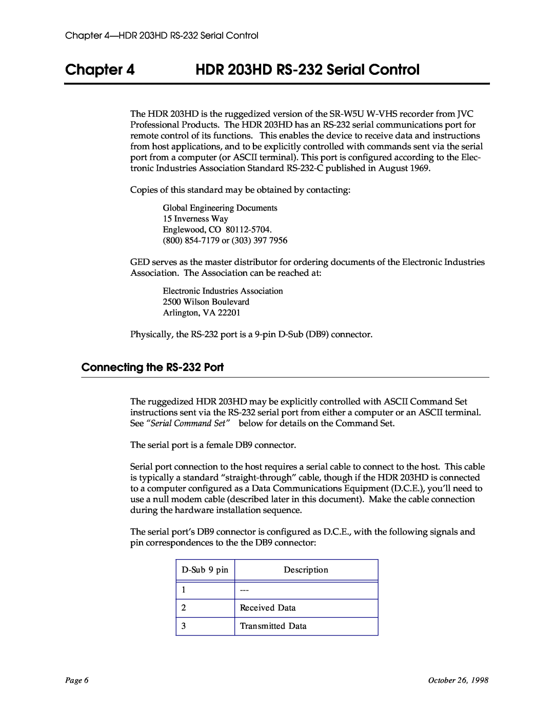 RGB Spectrum user manual HDR 203HD RS-232 Serial Control, Connecting the RS-232 Port, Chapter 