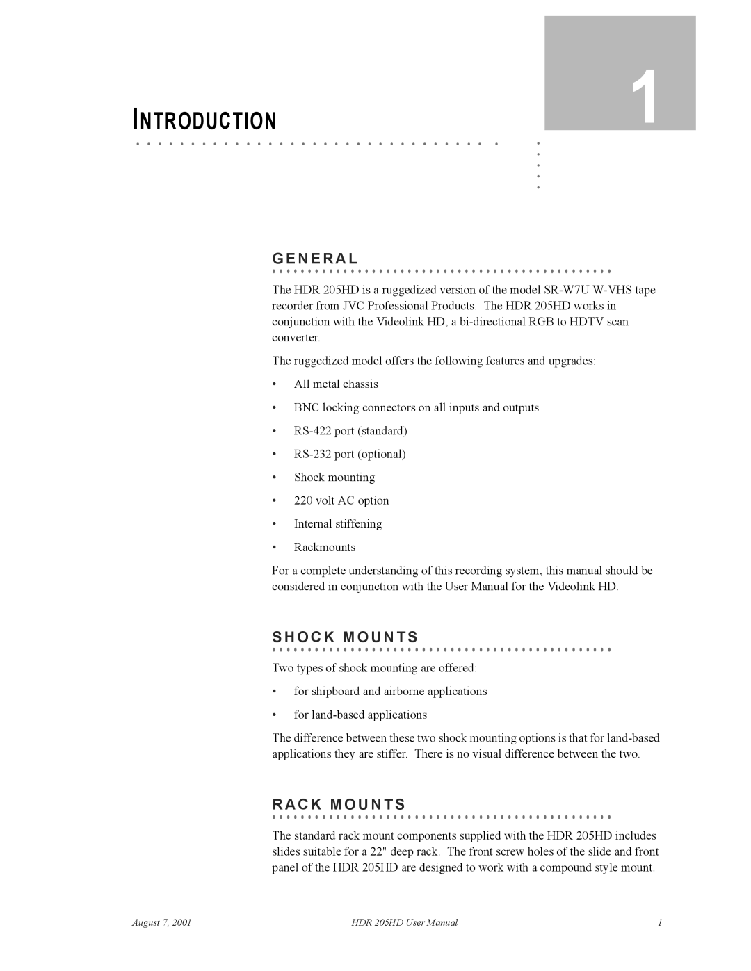 RGB Spectrum HDR 205HD user manual Introduction, SHOCK. . . . . . . . . . Mounts, Rack. . . . . . . . .Mounts 