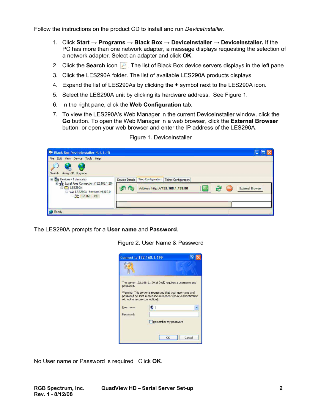 RGB Spectrum quick start DeviceInstaller LES290A prompts for a User name and Password 