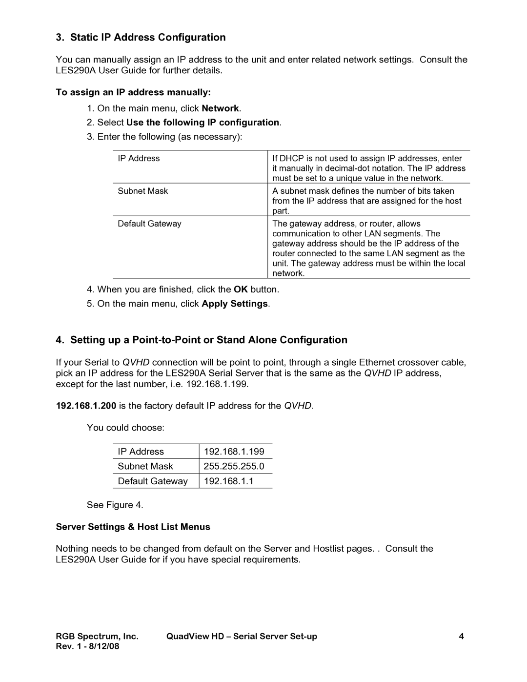 RGB Spectrum LES290A quick start Static IP Address Configuration, Setting up a Point-to-Point or Stand Alone Configuration 