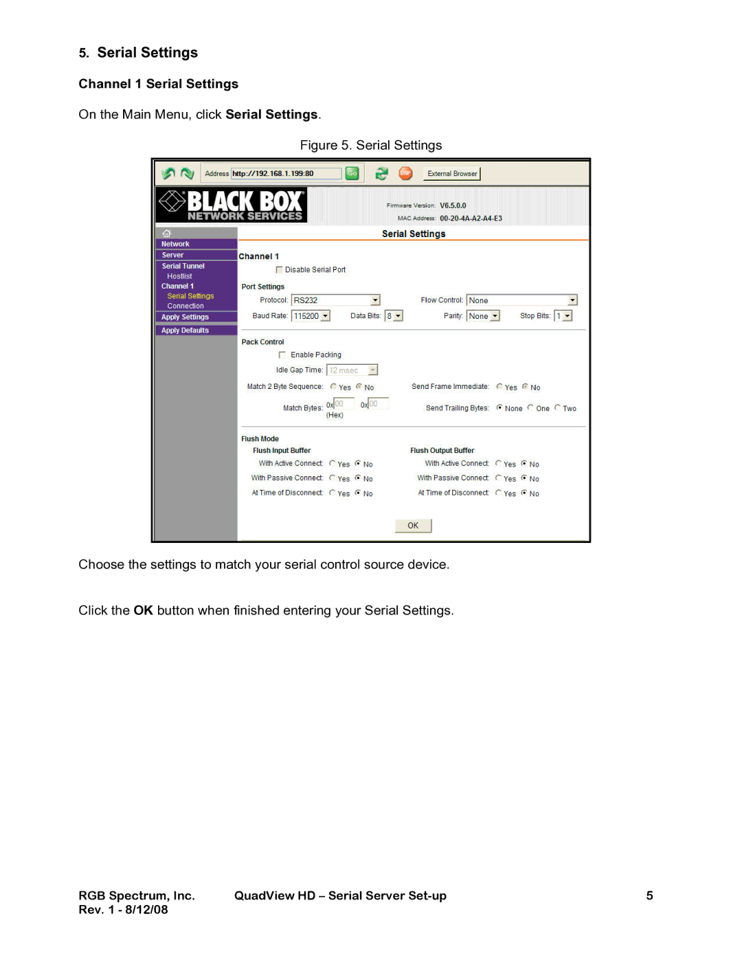 RGB Spectrum LES290A quick start Channel 1 Serial Settings 