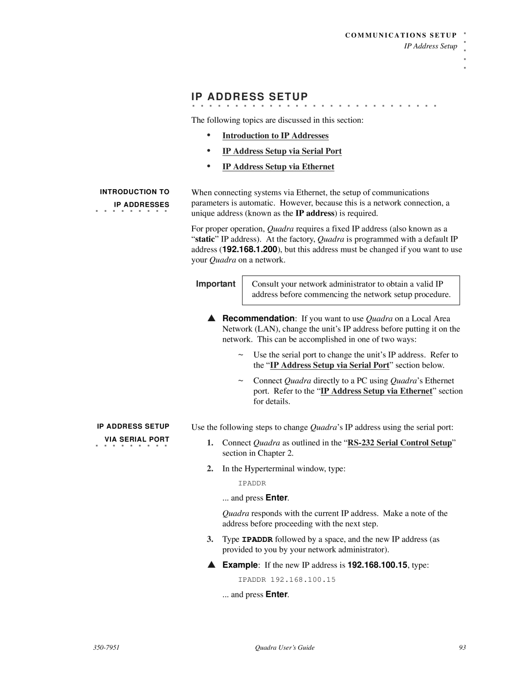 RGB Spectrum Quadra User's Guide manual IP ADD Ress Setup, Press Enter 