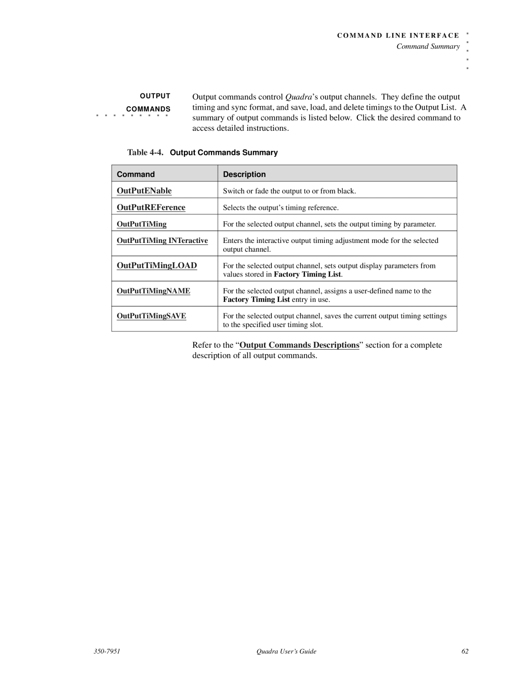 RGB Spectrum Quadra User's Guide manual OutPutREFerence, Output Commands Summary Description 