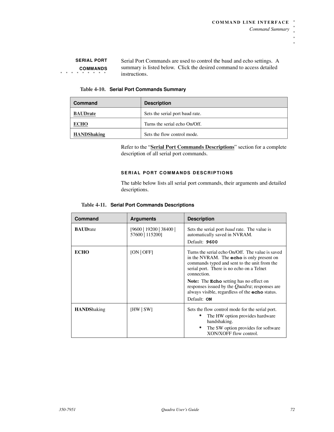 RGB Spectrum Quadra User's Guide Serial Port Commands Summary Description, Serial Port Commands Descriptions Arguments 