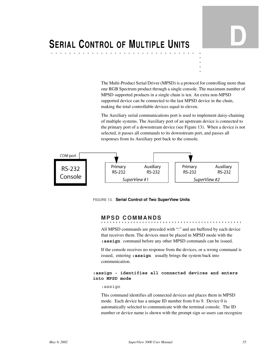 RGB Spectrum SuperView 3000 user manual Serial Control of Multiple Units, S. D. . .C. O. .M. .M. .A. N. .D. .S 