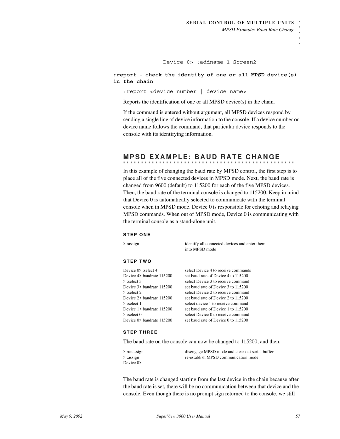 RGB Spectrum SuperView 3000 user manual Into Mpsd mode, Unassign, Assign Re-establish Mpsd communication mode Device 