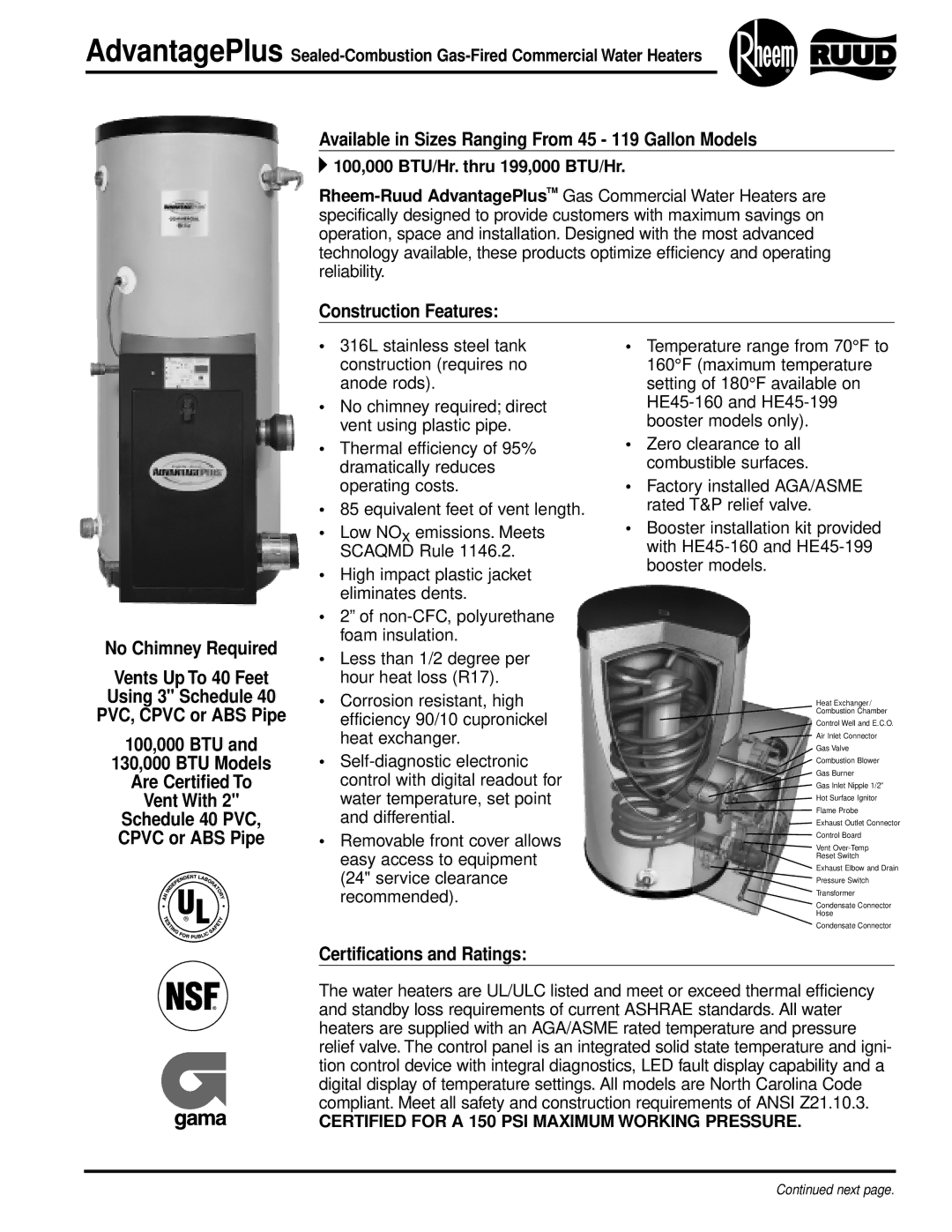 Rheem 000 BTU manual Available in Sizes Ranging From 45 119 Gallon Models, Construction Features No Chimney Required 