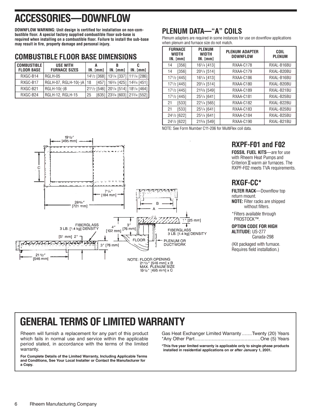 Rheem 05NAUER, 07EAUER manual General Terms of Limited Warranty, USE with, Furnace Sizes, Furnace Plenum Plenum Adapter Coil 