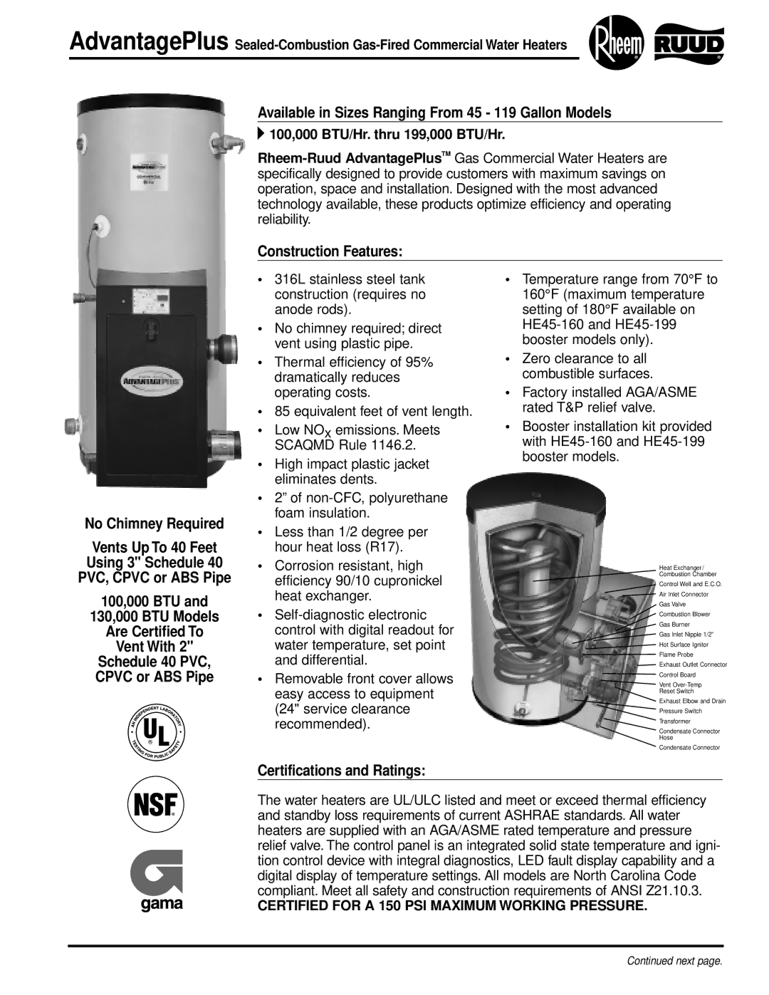 Rheem 100, 130 manual Available in Sizes Ranging From 45 119 Gallon Models, Construction Features No Chimney Required 